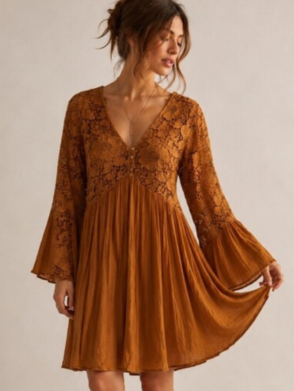 J Gee 2X Boho Lace Dress Cinnamon Bell Sleeves Lined Fall Plus Size EUC